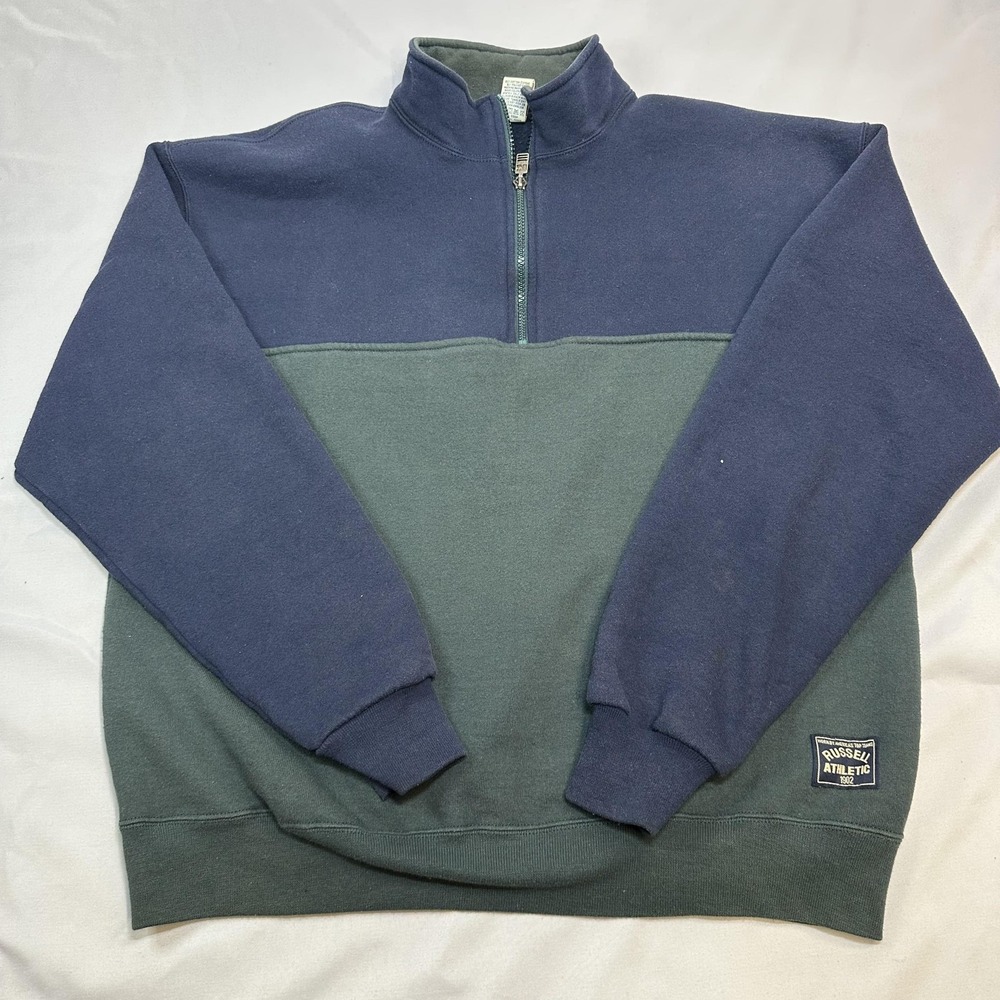 Vintage Russell Athletic Sweatshirt Mens XL Blue Green 1/4 Zip Mock Neck USA